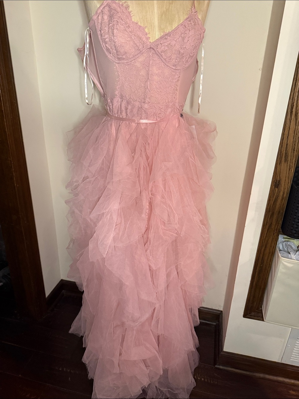 Girls Pink Ruffled Tulle Lace Bodice Dress